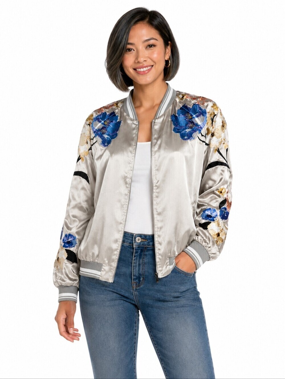 3.1 Phillip Lim Bomber Jacket 4 Silver Satin Floral Embroidered